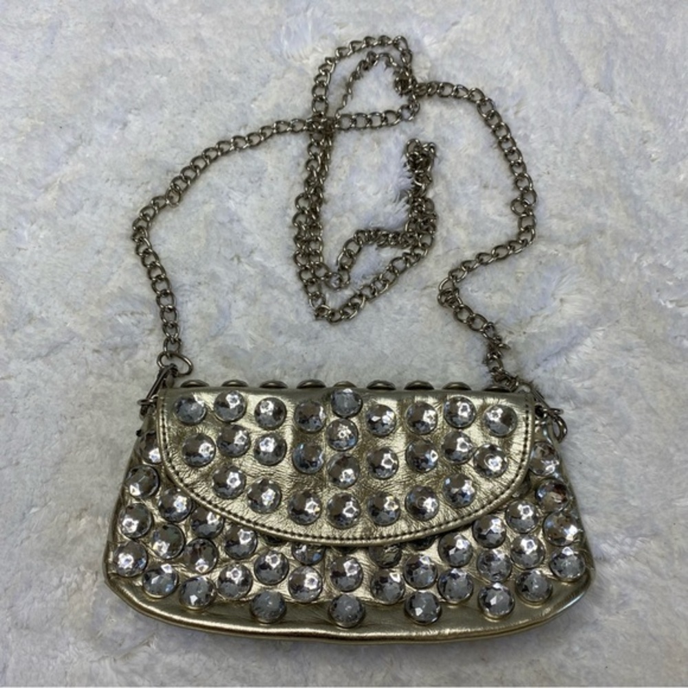 PRUNE Silver Metallic Rhinestone Designer Leather Mini-Bag Crossbody Clutch